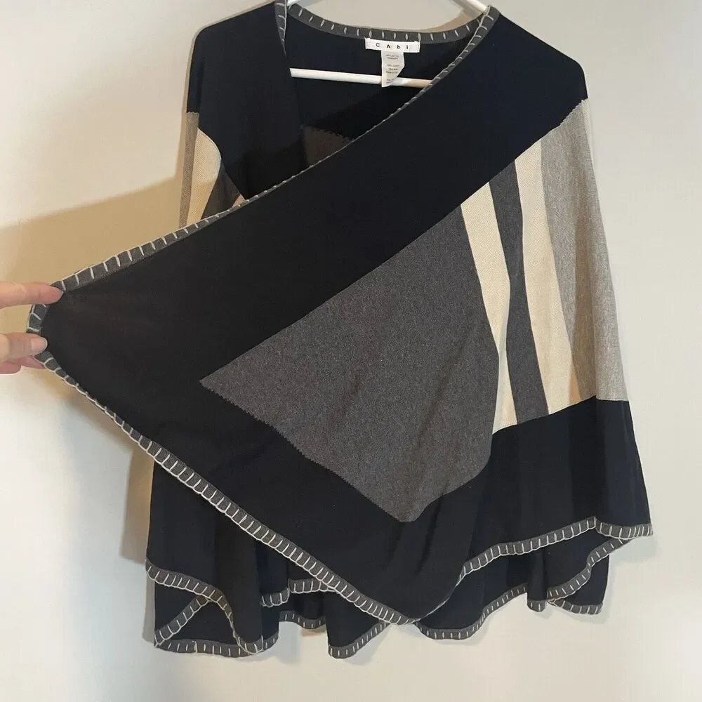 Cabi Sweater Poncho Gray Black Striped Oversized Wrap Colorblock Cotton One Size - Picture 7 of 9